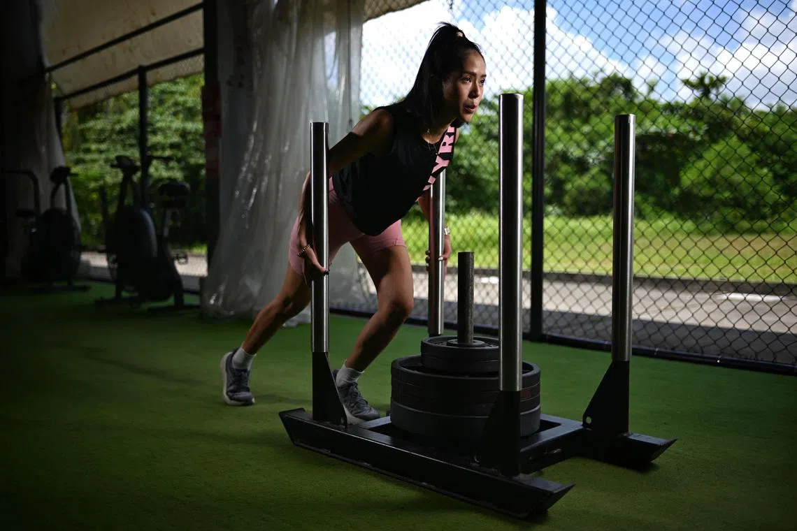 Portrait of Kimberley Yong taken during her training on April 9, 2025. She is the founder of the Valkyrie Race, Singapore?s first all-women?s fitness competition, happening on May 10 and 11, 2025 at the OCBC Square.