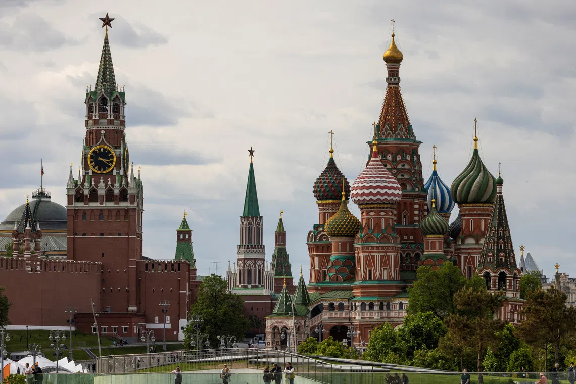 A general view on the Spasskaya tower of the Kremlin and St Basil's Cathedral in Moscow, Russia May 16, 2024. 