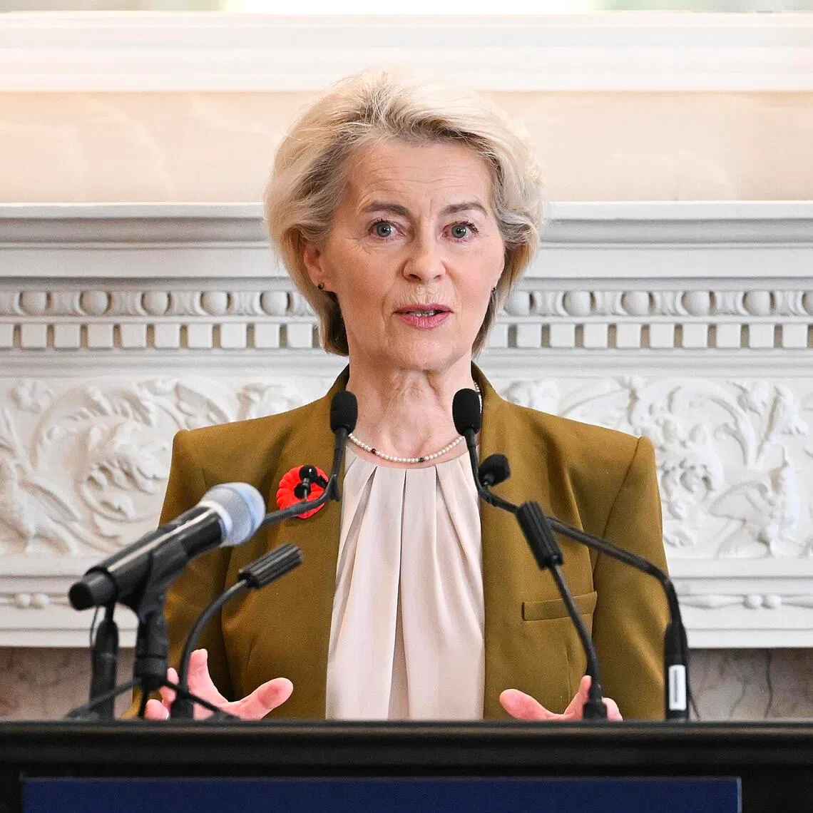 European Commission president Ursula von der Leyen delivering a keynote speech at an EU-Canada Summit in Montreal, Canada, on Oct 29.