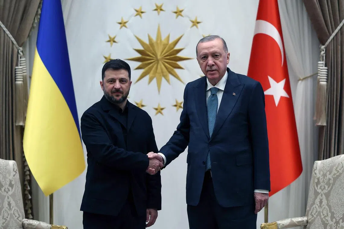 Turkish President Recep Tayyip Erdogan (right) welcoming Ukrainian President Volodymyr Zelensky to Ankara on Nov 19.