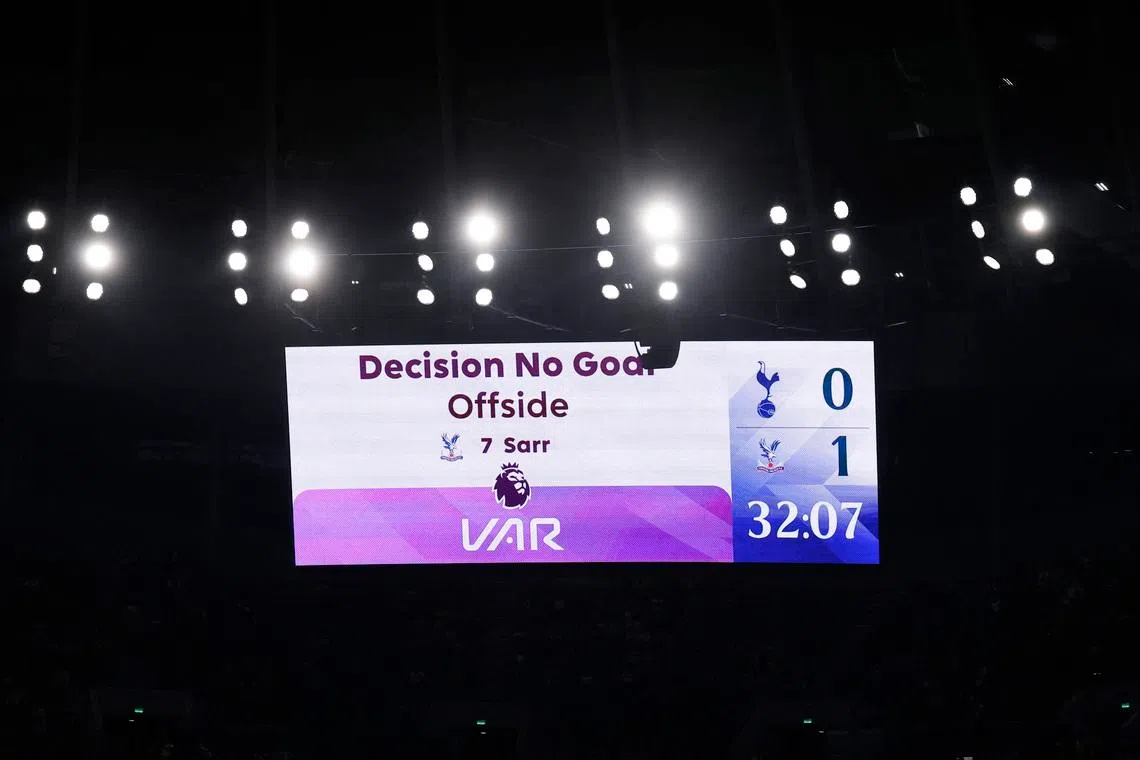 FILE PHOTO: Soccer Football - Premier League - Tottenham Hotspur v Crystal Palace - Tottenham Hotspur Stadium, London, Britain - March 5, 2026 A big screen displays a VAR review message Action Images via Reuters/Andrew Couldridge/File Photo