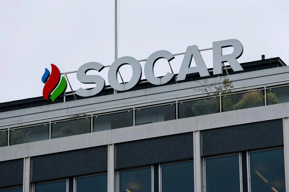 A logo of Azerbaijan's state oil company SOCAR on a building in Geneva, Switzerland, March 18, 2026. REUTERS/Denis Balibouse