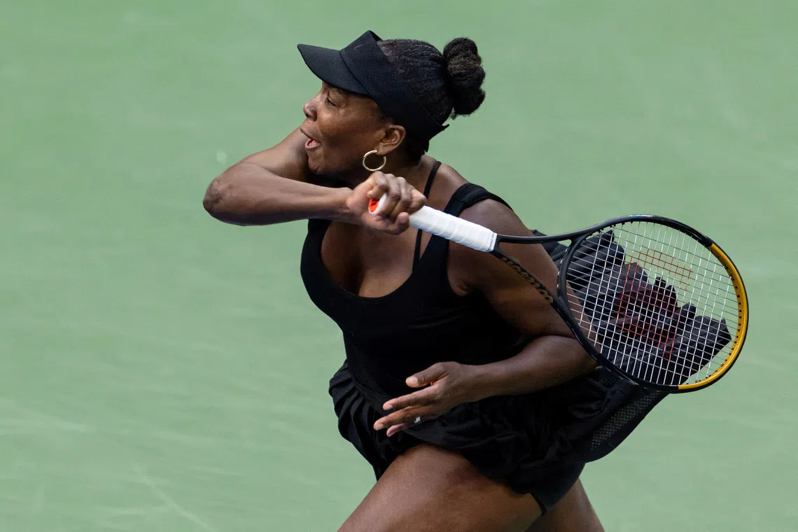 FILE PHOTO: Sep 2, 2025; Flushing, NY, USA; Venus Williams of the United States and Leylah Fernandez of Canada in action against Taylor Townsend of the United States and Katerina Siniakova of Czech Republic in the quarterfinal of the women's doubles at the US Open at Louis Armstrong Stadium in Billie Jean King National Tennis Center. Mandatory Credit: Mike Frey-Imagn Images/File Photo