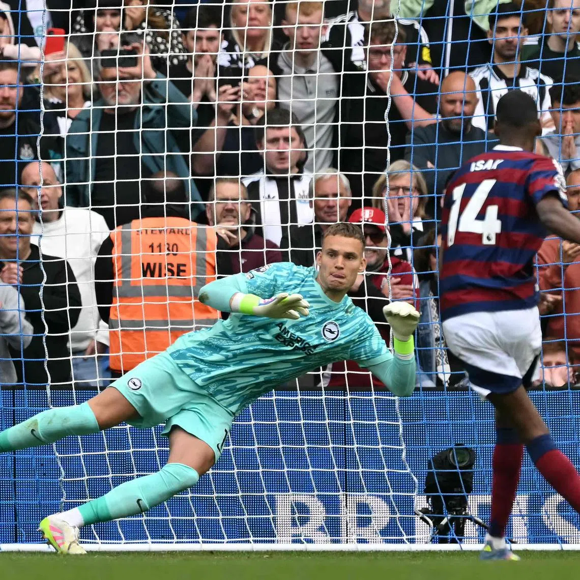 Newcastle United striker Alexander Isak scores a penalty past Brighton & Hove Albion goalkeeper Bart Verbruggen to register his 23rd league goal of the season. The English Premier League clash ended 1-1 at the Amex Stadium on May 4.