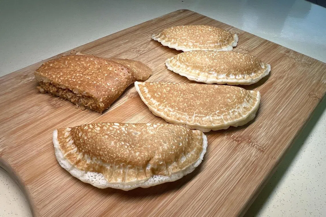 Min jiang kueh at a coffee shop stall called Vegetarian Pancake in Bedok North Street 4.
