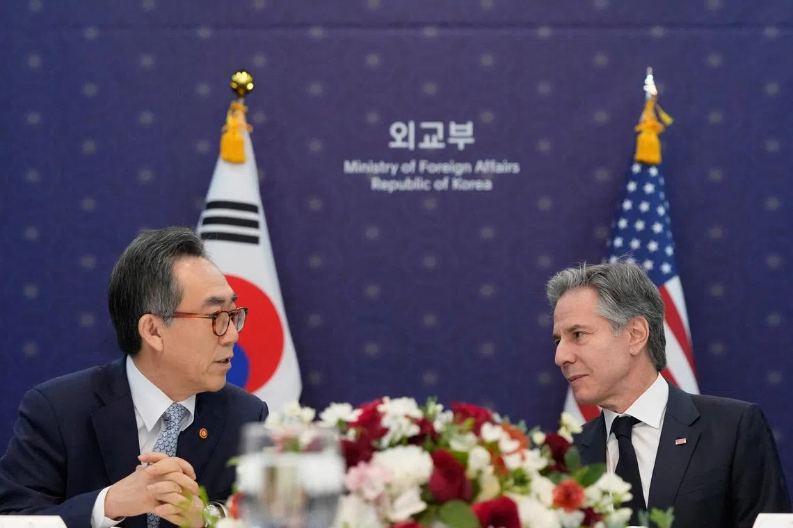 FILE PHOTO: U.S. Secretary of State Antony Blinken talks with South Korean Foreign Minister Cho Tae-yul during a lunch meeting at the Foreign Ministry in Seoul, South Korea, Monday, March 18, 2024. Ahn Young-joon/Pool via REUTERS/File Photo