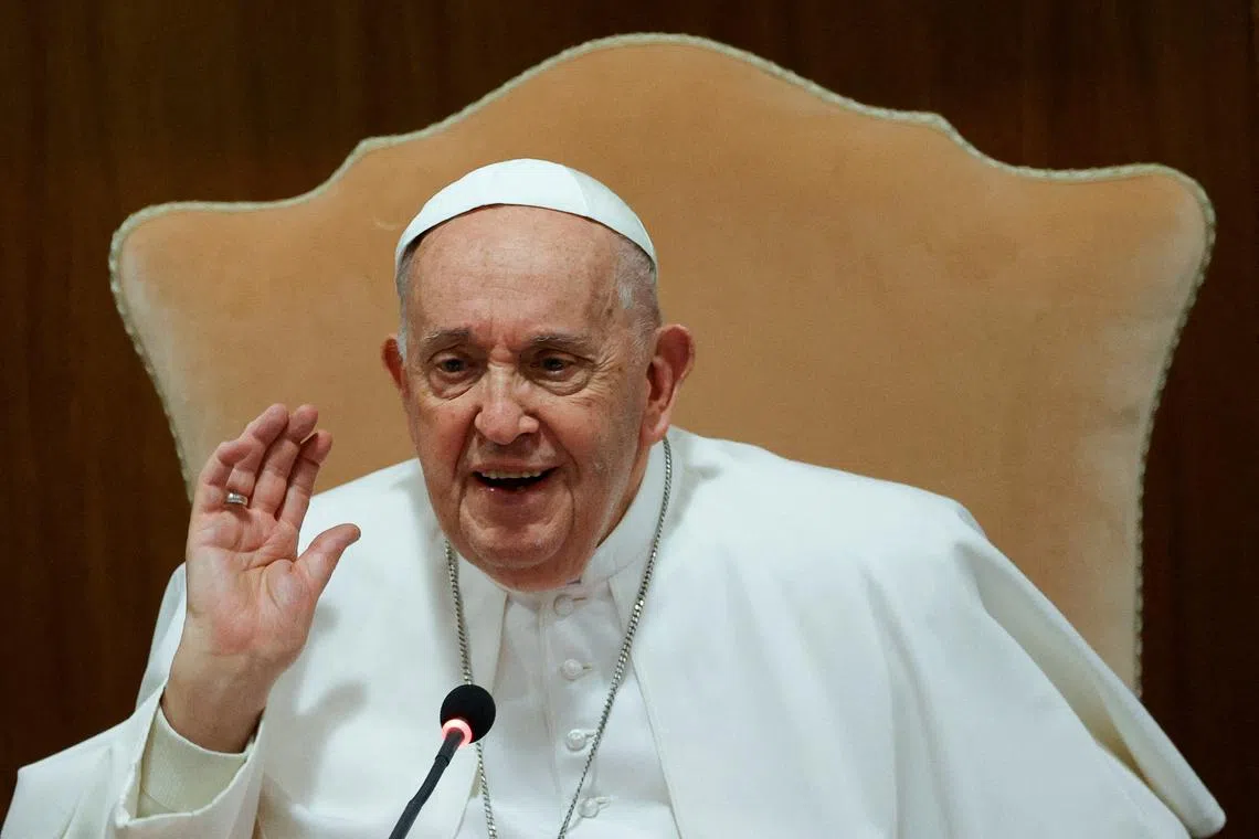 FILE PHOTO: Pope Francis attends the World Meeting on Human Fraternity, at the Vatican, May 11, 2024. REUTERS/Ciro De Luca/File Photo