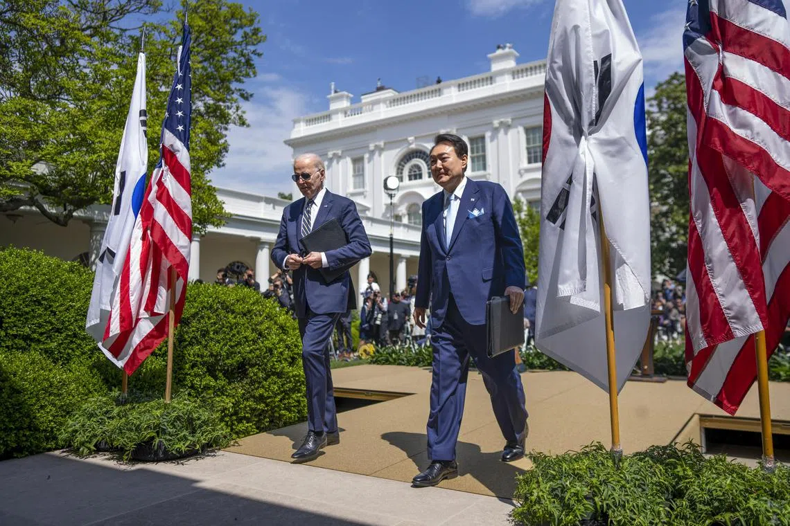 FILE — President Joe Biden and South Korean President Yoon Suk Yeol leave following a joint news conference in the Rose Garden of the White House in Washington, April, 26, 2023. The Biden administration has hailed South Korea as a model democracy and bolstered military ties as it relies on the country as a bulwark against North Korea, China and Russia. (Doug Mills/The New York Times)