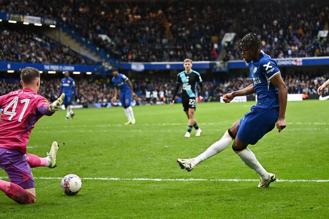 Chelsea's Carney Chukwuemeka scores their third goal in the 4-2 FA Cup win over Leicester City.
