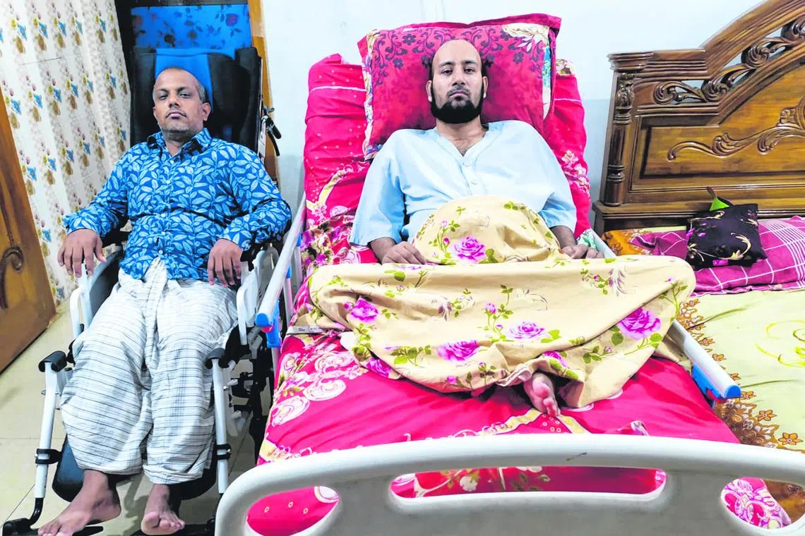 Worker Janaed (on bed) had suffered severe injuries from a 3m-high fall in November 2018, and is now a bed-ridden quadriplegic. 