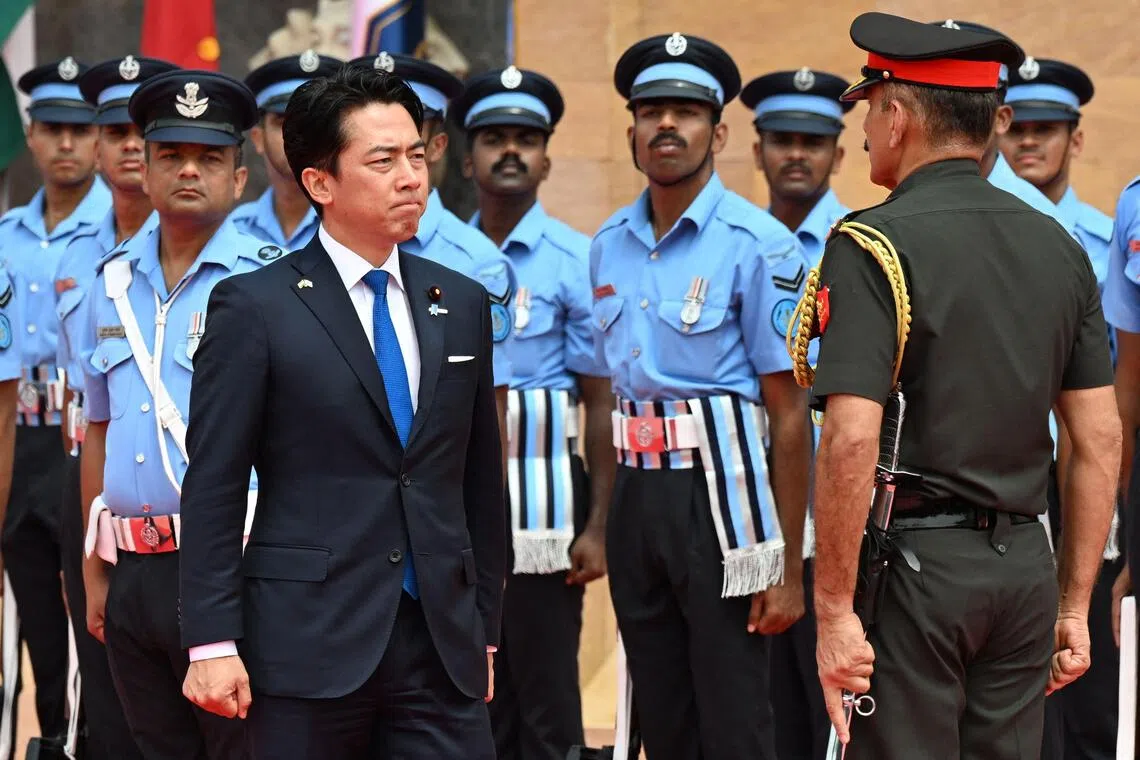 Japan’s Defence Minister Shinjiro Koizumi inspecting the guard of honour at the Manekshaw Centre in New Delhi on Aug 20.