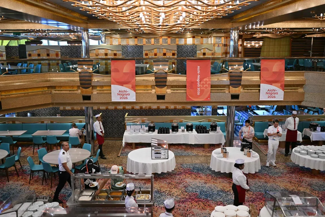 The dining room on the Costa Serena cruise ship where Asian Games competitors and team members are staying as it is docked at Port Messe Nagoya.