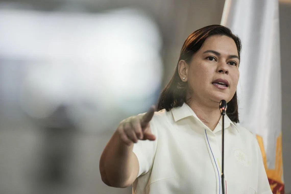 Sara Duterte, Philippines' vice president, at a news conference in Mandaluyong, Metro Manila, the Philippines, on Wednesday, Dec. 11, 2024. The Philippines’ National Bureau of Investigation will proceed with probing Duterte’s apparent assassination threat against President Ferdinand Marcos Jr. after she failed to appear for questioning for a second time on Wednesday. Photographer: Lisa Marie David/Bloomberg