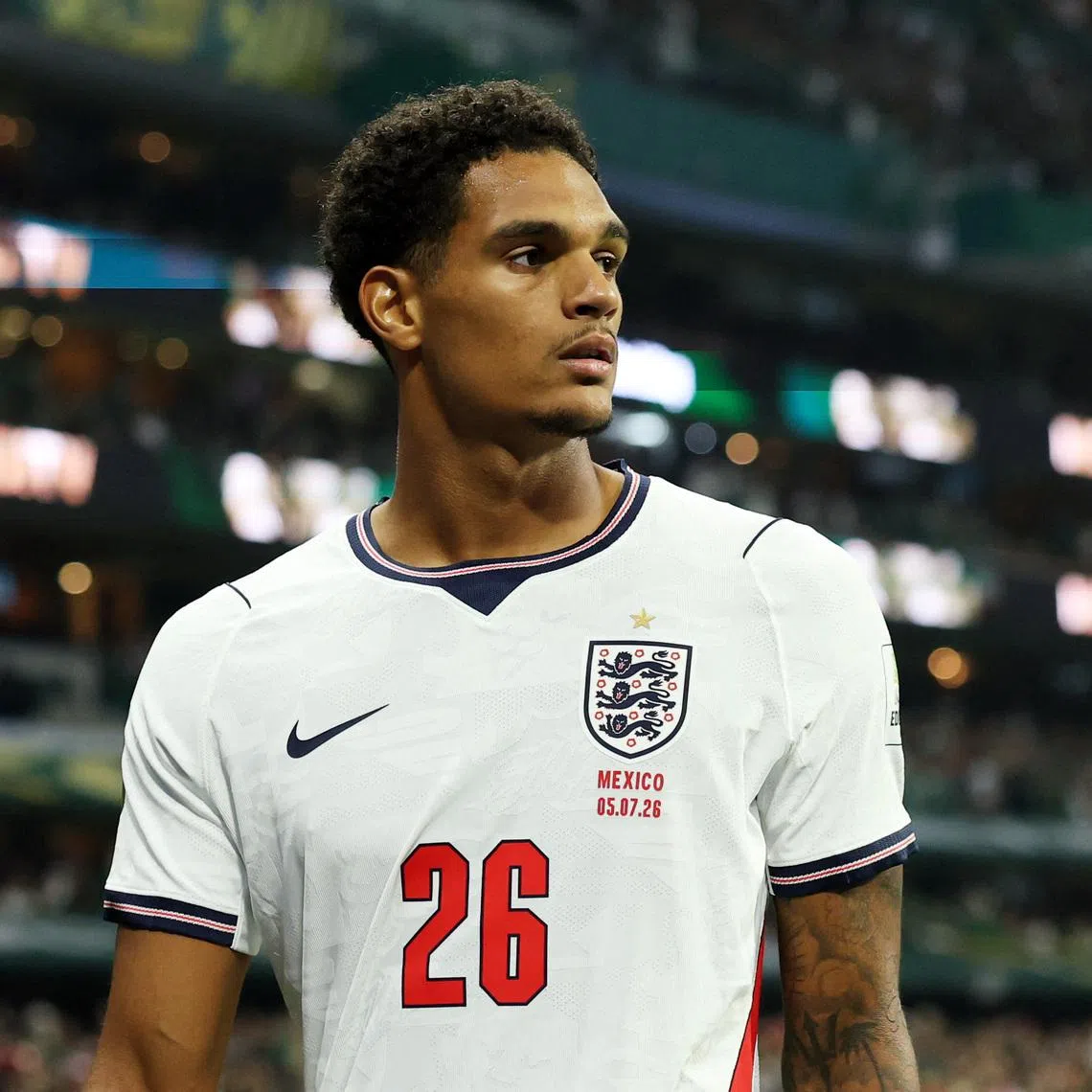England’s Jarell Quansah looking dejected after being sent off after a VAR review in the 2026 World Cup round of 16 match against Mexico.