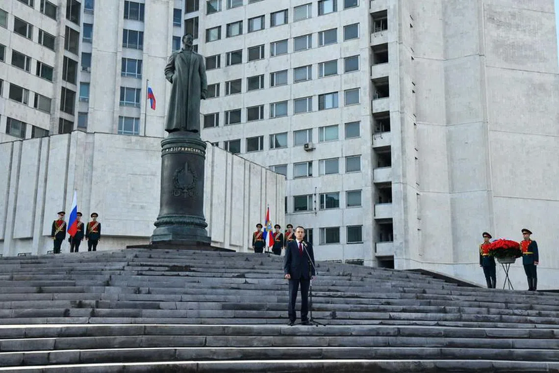 Director of Russia's Foreign Intelligence Service (SVR) Sergei Naryshkin delivers a speech during a ceremony unveiling the monument to founder of the Soviet secret police Felix Dzerzhinsky at the service's headquarters in Moscow, Russia, September 11, 2023. Foreign Intelligence Service of the Russian Federation/Handout via REUTERS