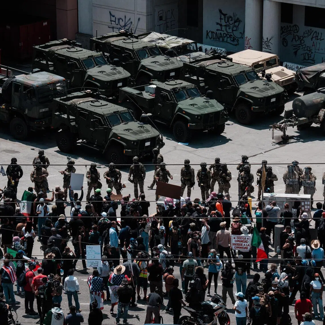 The California National Guard controls crowds in Los Angeles, on June 8, 2025.