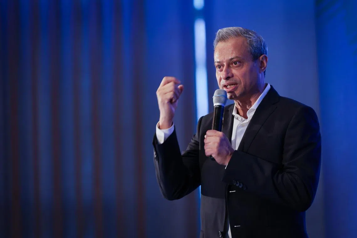 Mr Ahmed Mazhari, President, Microsoft Asia, delivers his speech during Leading the Era of AI- Making it Real at Andaz Singapore on March 6, 2024.