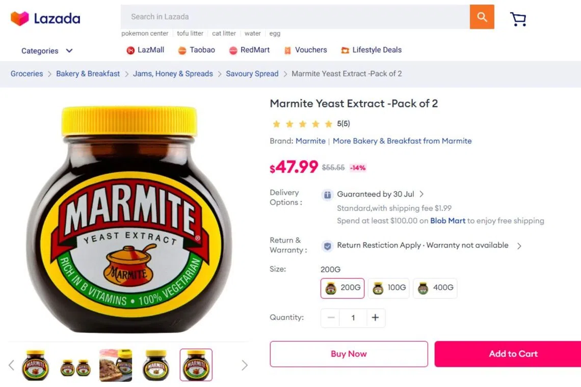 A 200g jar of Marmite selling for $24 on RedMart as at July 24.