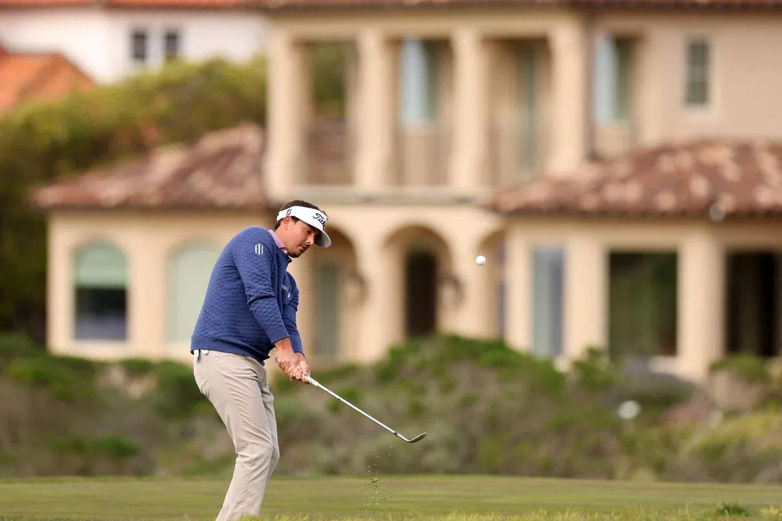 Hank Lebioda plays his third shot on the 16th hole during the first round of the AT&T Pebble Beach Pro-Am at Monterey Peninsula Country Club on Feb 2, 2023.