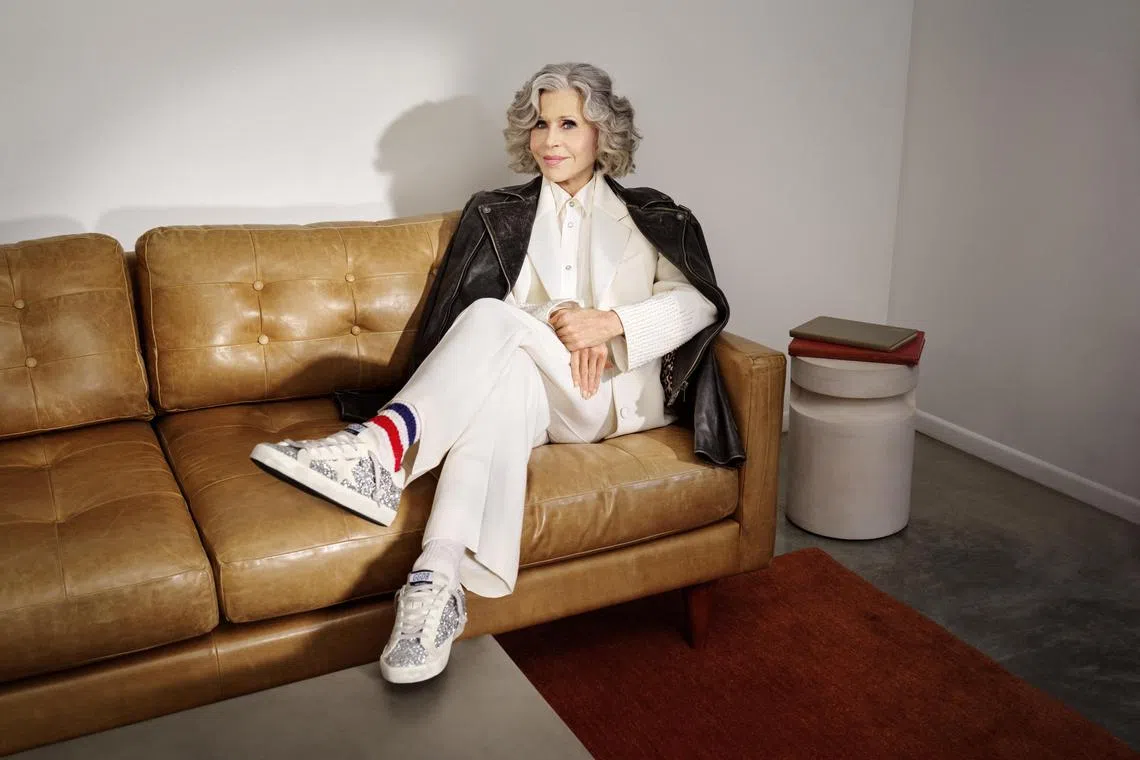 A photo provided by Golden Goose shows Jane Fonda, in a scene from her new sneaker campaign. Fonda said she began wearing Golden Goose shoes after seeing them in a store while making a “Book Club” movie in Rome. (Golden Goose via The New York Times) — NO SALES; FOR EDITORIAL USE ONLY WITH NYT STORY SLUGGED FONDA-SNEAKERS BY VANESSA FRIEDMAN FOR FEB. 18, 2025. ALL OTHER USE PROHIBITED. —