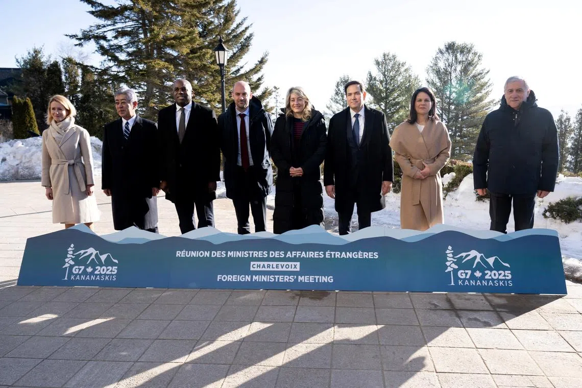 EU foreign policy chief Kaja Kallas (far left) with G-7 foreign ministers (from second left) Takeshi Iwaya, David Lammy, Jean-Noel Barrot, Melanie Joly, Marco Rubio, Annalena Baerbock and  Antonio Tajani.