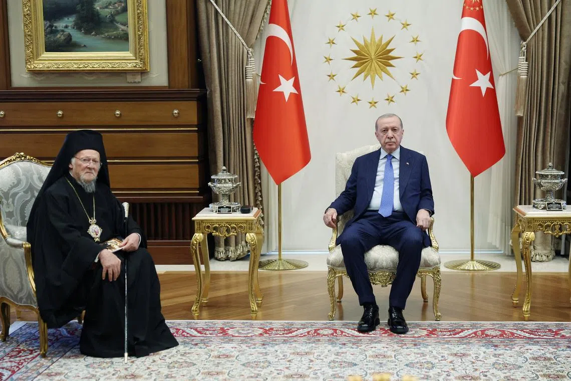 Turkish President Tayyip Erdogan meets with Ecumenical Patriarch Bartholomew I at the Presidential Palace in Ankara, Turkey, June 16, 2026. Murat Kula/Presidential Press Office/Handout via REUTERS
