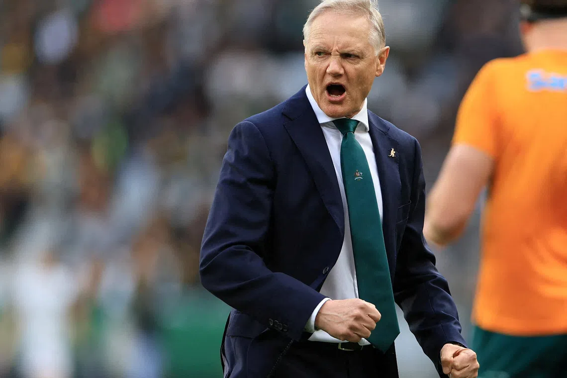 FILE PHOTO: Rugby Union - Rugby Championship - South Africa v Australia - DHL Stadium, Cape Town, South Africa - August 23, 2025  Australia head coach Joe Schmidt reacts REUTERS/Esa Alexander/File Photo