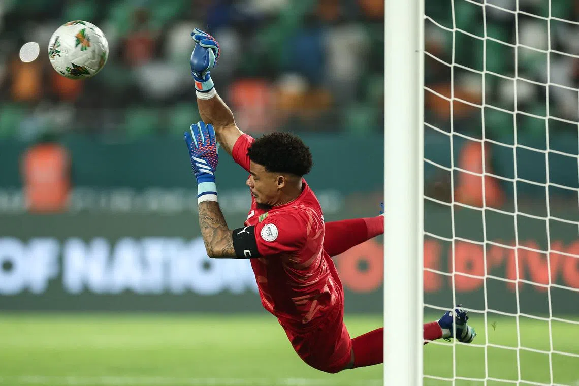 South Africa's goalkeeper Ronwen Williams stopping a penalty kick during the Africa Cup of Nations quarter-final shoot-out win over Cape Verde at the Stade Charles Konan Banny in Yamoussoukro on Feb 3.