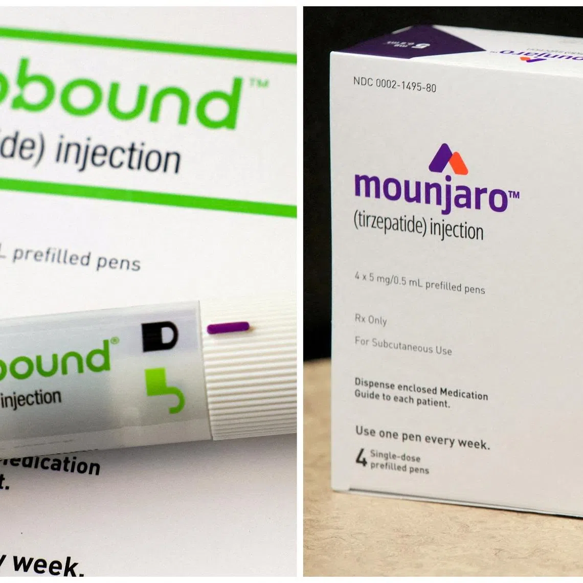 A combination image shows an injection pen of Zepbound, Eli Lilly's weight loss drug, in New York City, U.S., December 11, 2023 (left) and a box of Mounjaro, a tirzepatide injection drug used for treating type 2 diabetes and made by Lilly, at Rock Canyon Pharmacy in Provo, Utah, U.S., March 29, 2023. REUTERS/Brendan McDermid/George Frey    REFILE - QUALITY REPEAT