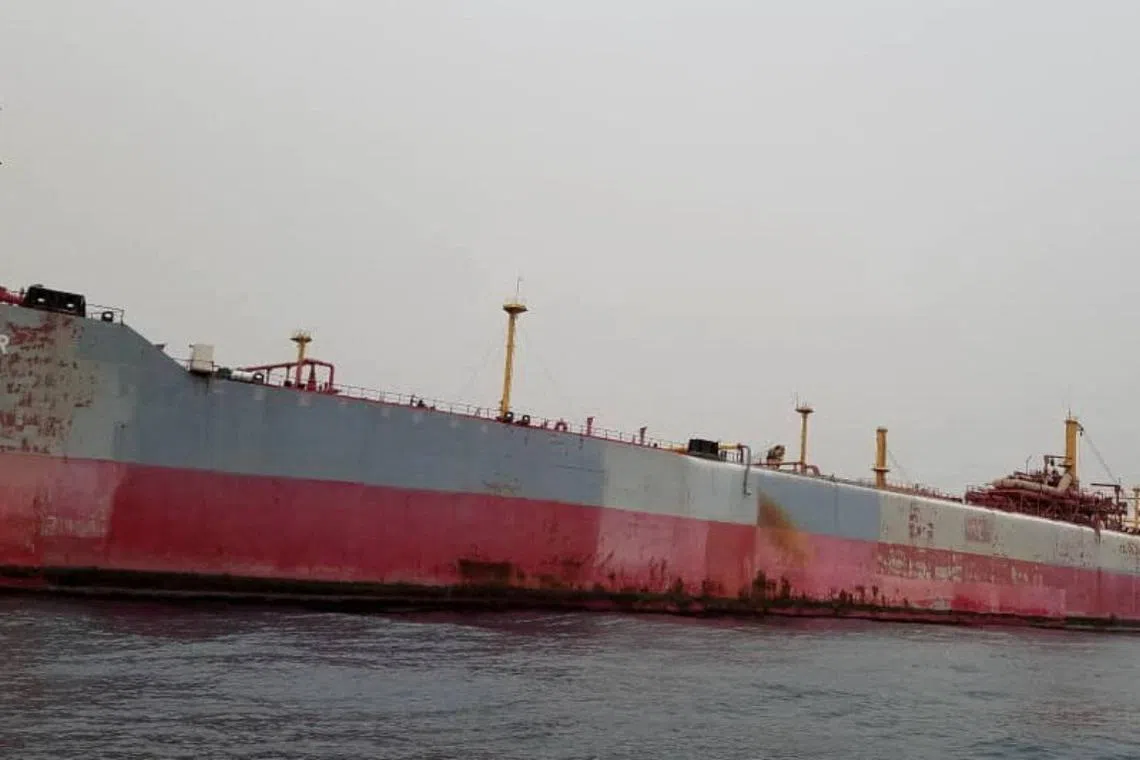 FILE PHOTO: Decaying vessel FSO Safer is moored off Yemen's coast in this undated screengrab taken from a video. Holm Akhdar/Handout via REUTERS/File Photo