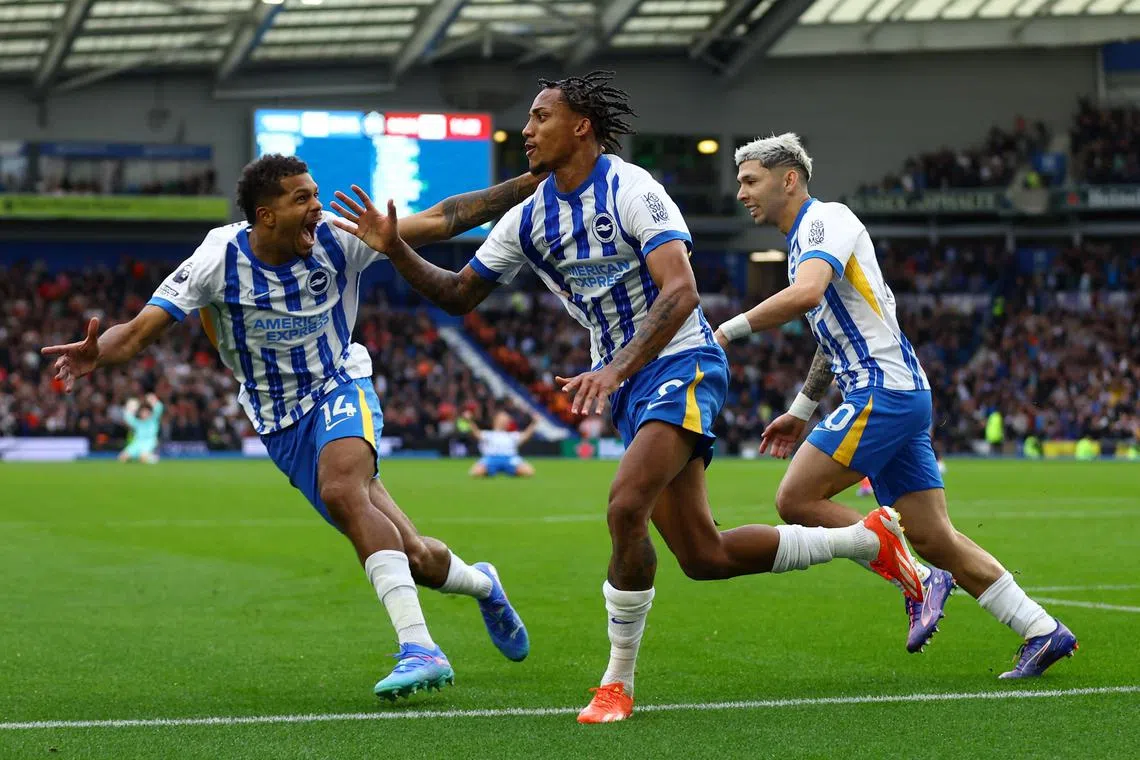 Brighton & Hove Albion's Joao Pedro celebrates scoring the winning goal in the 2-1 win over Manchester United.