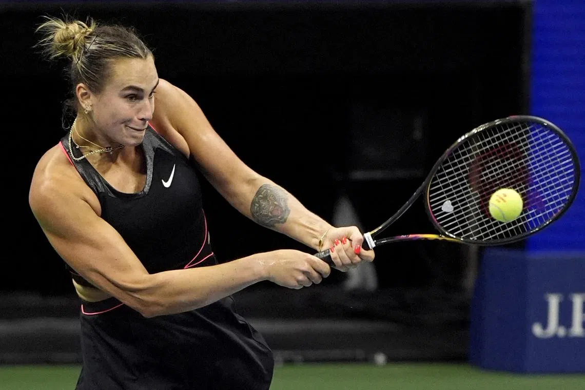Tennis - U.S. Open - Flushing Meadows, New York, United States - September 4, 2025 Belarus' Aryna Sabalenka in action during her semi final match against Jessica Pegula of the U.S. REUTERS/Eduardo Munoz
