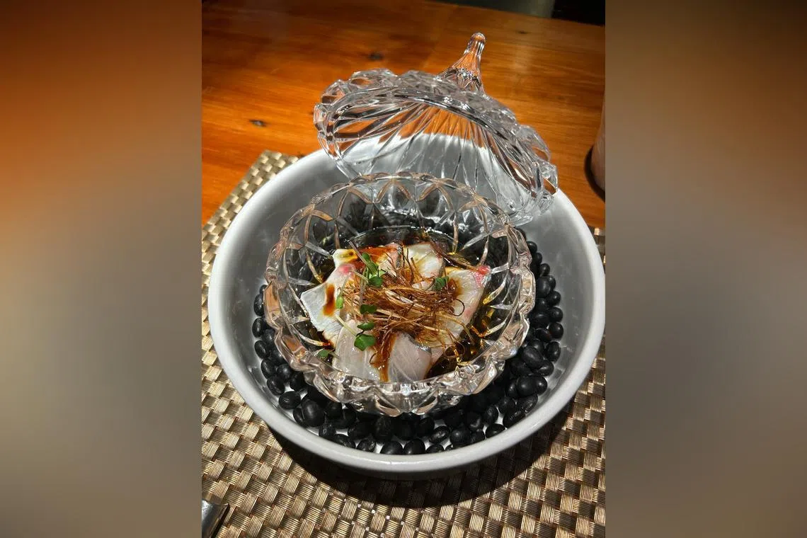 Shima aji with sesame oil and smoked soya sauce from Shako-Ba. 