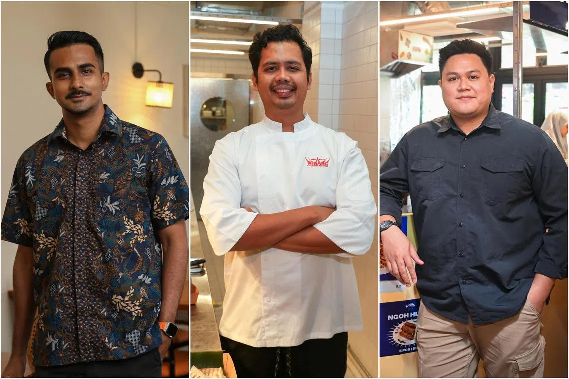 (From left) Asyraf Rasheed, co-owner of Sederhana Singapore., Director and executive chef Mohamad Ariff Mohamad Zin at Kios Minang, Director and co-founder of Kulon, Haris Ahmad at Kulon's new outlet at New Bahru.