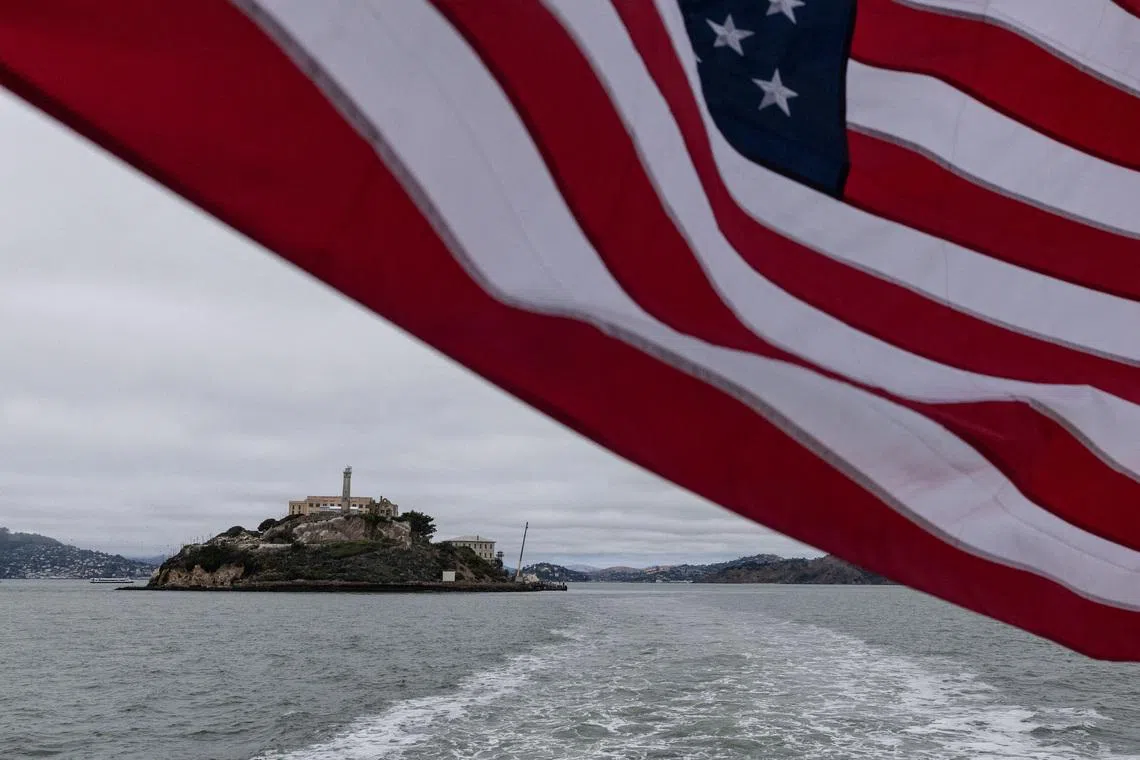 FILE PHOTO: A view of Alcatraz prison complex located on Alcatraz Island in San Francisco Bay near San Francisco, California, U.S. July 17, 2025. REUTERS/Carlos Barria/File Photo
