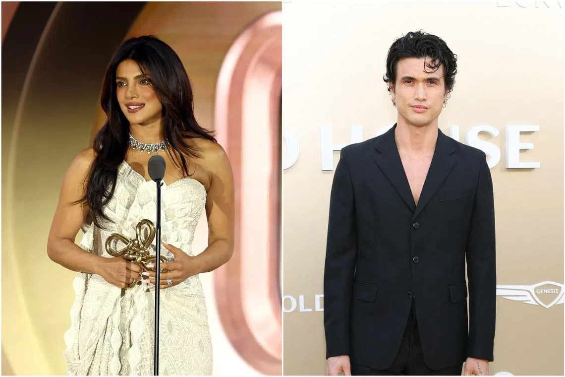 Priyanka Chopra Jonas (left) accepting the Global Vanguard Honor award and Charles Melton (right) on the red carpet at the Gold Gala on May 9.