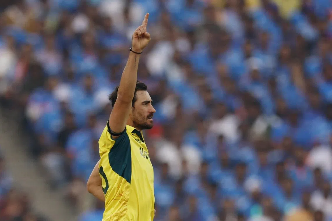Cricket - ICC Cricket World Cup 2023 - Final - India v Australia - Narendra Modi Stadium, Ahmedabad, India - November 19, 2023 Australia's Mitchell Starc celebrates after taking the wicket of India's Mohammed Shami, caught by Josh Inglis REUTERS/Adnan Abidi/File Photo