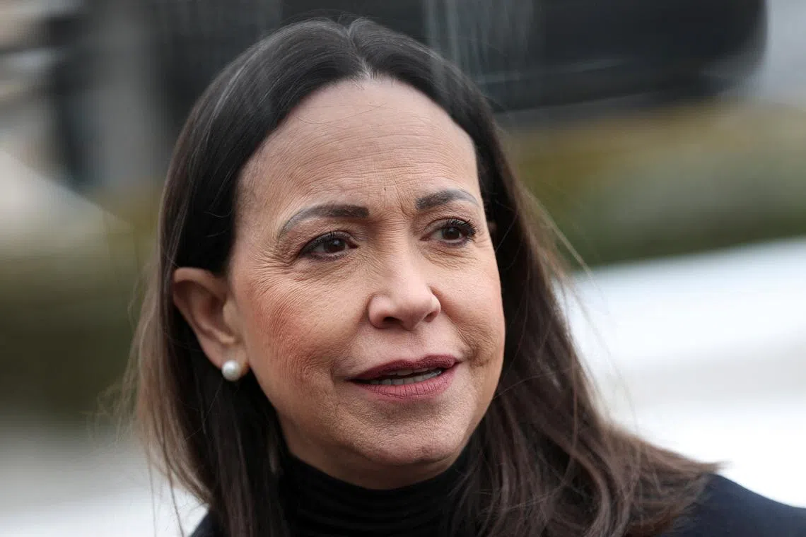 Venezuelan opposition leader Maria Corina Machado looks on while speaking with the media following meetings at the U.S. Department of State in Washington, D.C., U.S., January 28, 2026. REUTERS/Kylie Cooper