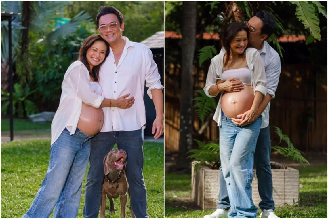 The 51-year-old showed off pictures from a maternity photo shoot she did with her lawyer husband and their two dogs ahead of her delivery. 