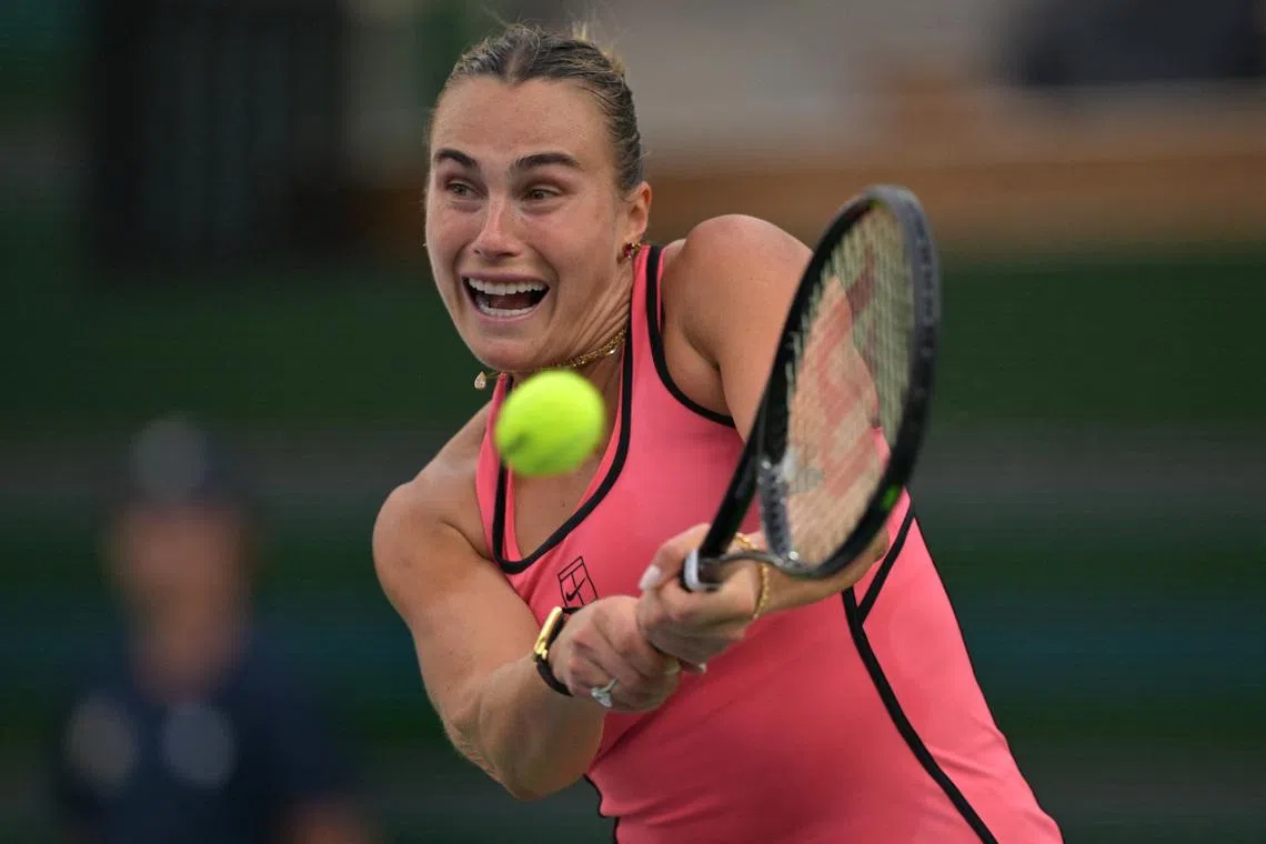 Mar 13, 2026; Indian Wells, CA, USA; Aryna Sabalenka (BEL) in her the semi final match defeating Linda Noskova (CZE) during the BNP Paribas Open at the Indian Wells Tennis Garden. Mandatory Credit: Jayne Kamin-Oncea-Imagn Images