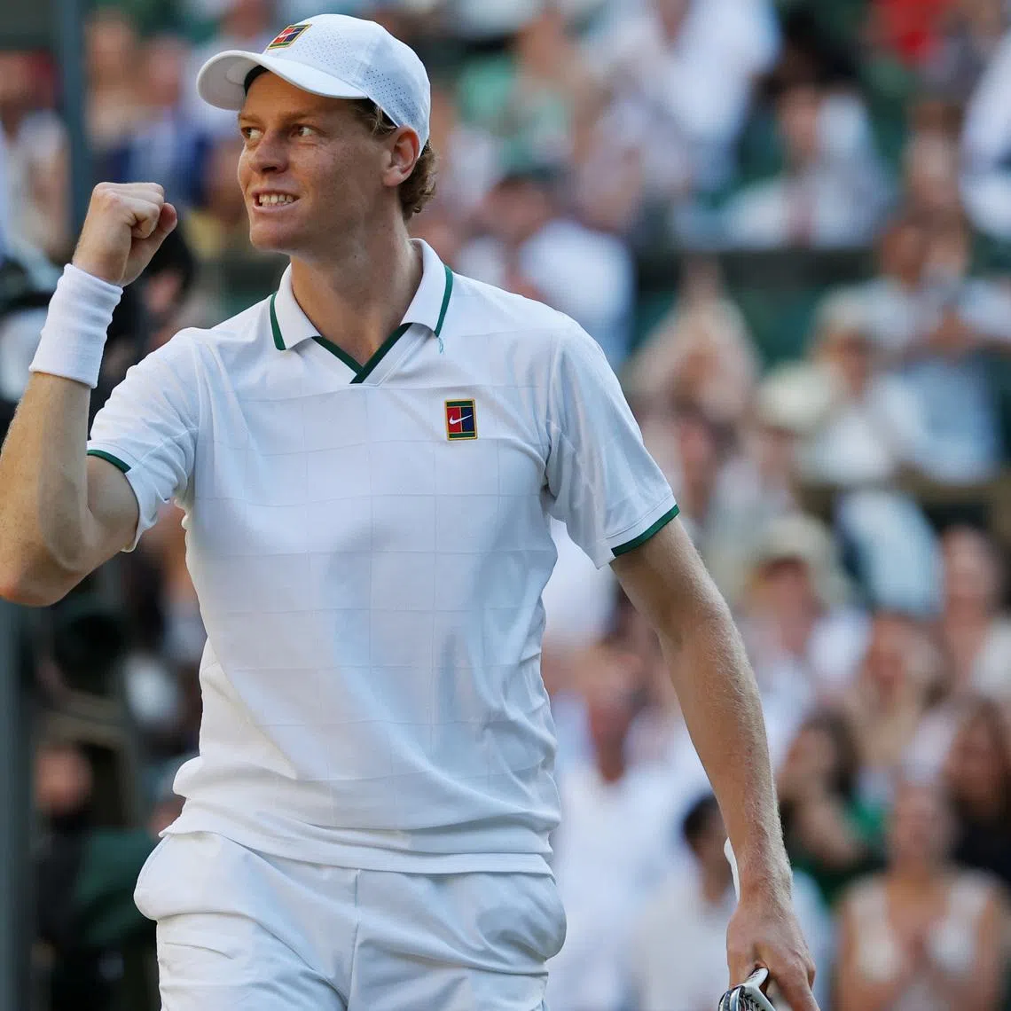 Jul 12, 2026; London, United Kingdom; Jannik Sinner (ITA) reacts after winning a point against Alexander Zverev (GER) (not pictured) in the gentlemen's singles final of The Championships Wimbledon 2026 at All England Lawn Tennis and Croquet Club. Mandatory Credit: Geoff Burke-Imagn Images