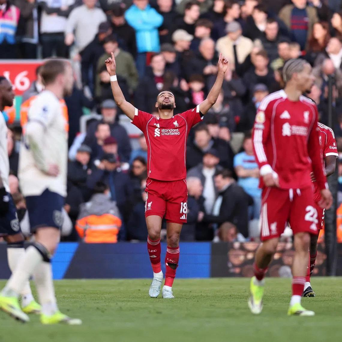 Soccer Football - Premier League - Liverpool v West Ham United - Anfield, Liverpool, Britain - February 28, 2026 Liverpool's Cody Gakpo celebrates scoring their fourth goal REUTERS/David Klein