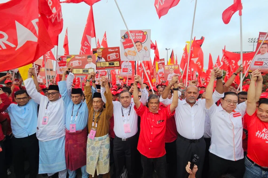 PH national deputy chairman and DAP secretary-general Anthony Loke (white shirt, centre) arriving at the nomination centre in Jelebu on July 18.