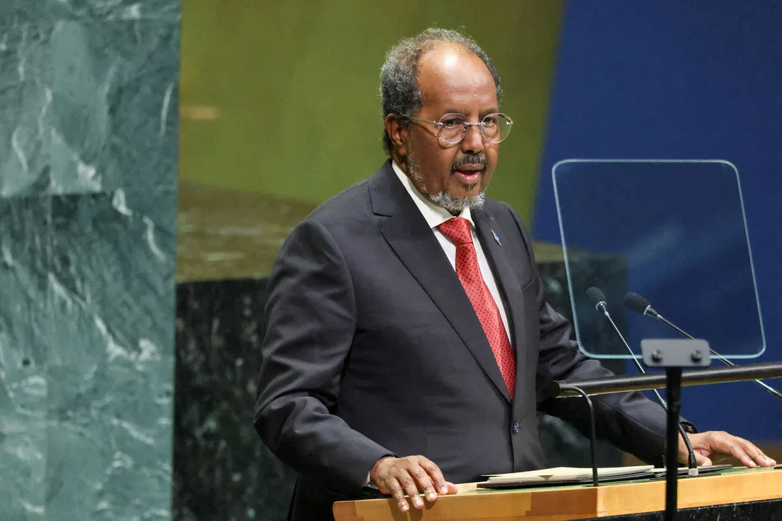 FILE PHOTO; Somalia's President Hassan Sheikh Mohamud addresses the 81st United Nations General Assembly (UNGA) at UN headquarters in New York City, US, September 24, 2026. REUTERS/Caitlin Ochs/File Photo