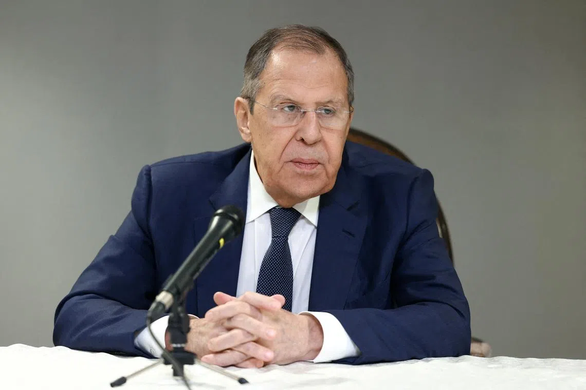 FILE PHOTO: Russian Foreign Minister Sergei Lavrov attends a press conference in Riyadh, Saudi Arabia, February 18, 2025. Russian Foreign Ministry/Handout via REUTERS/File Photo