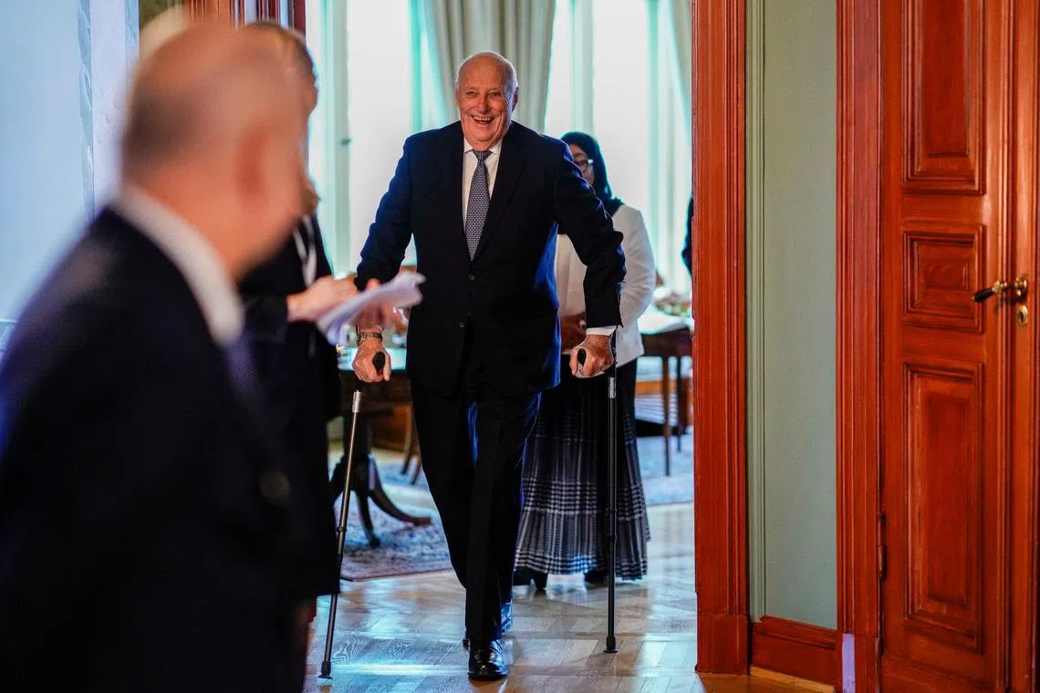 FILE PHOTO: Norway's King Harald arrives for a lunch with Tanzania's President Samia Suluhu Hassan and the Norwegian government, in Oslo, Norway February 14, 2024. NTB/Cornelius Poppe via REUTERS/File Photo
