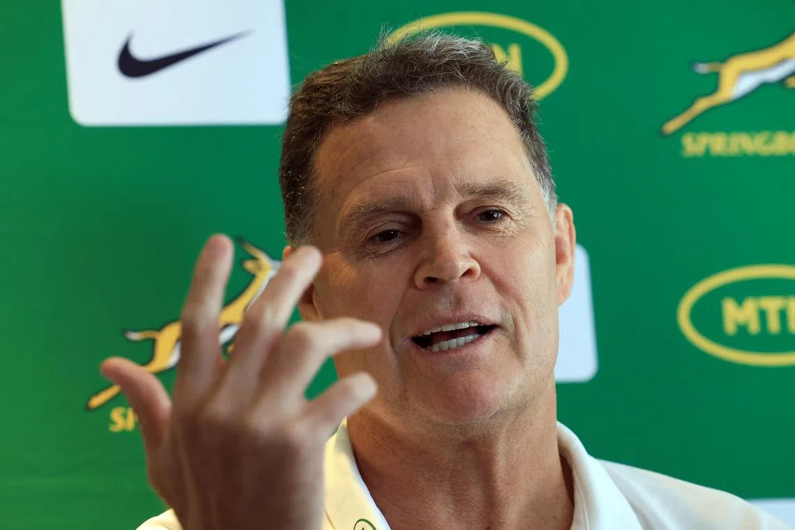 FILE PHOTO: Rugby Union - South African head coach Rassie Erasmus' Press Conference - SARU House, Tygerberg Park, Cape Town, South Africa - March 5, 2025 South Africa head coach Rassie Erasmus during the press conference REUTERS/Esa Alexander/ File Photo
