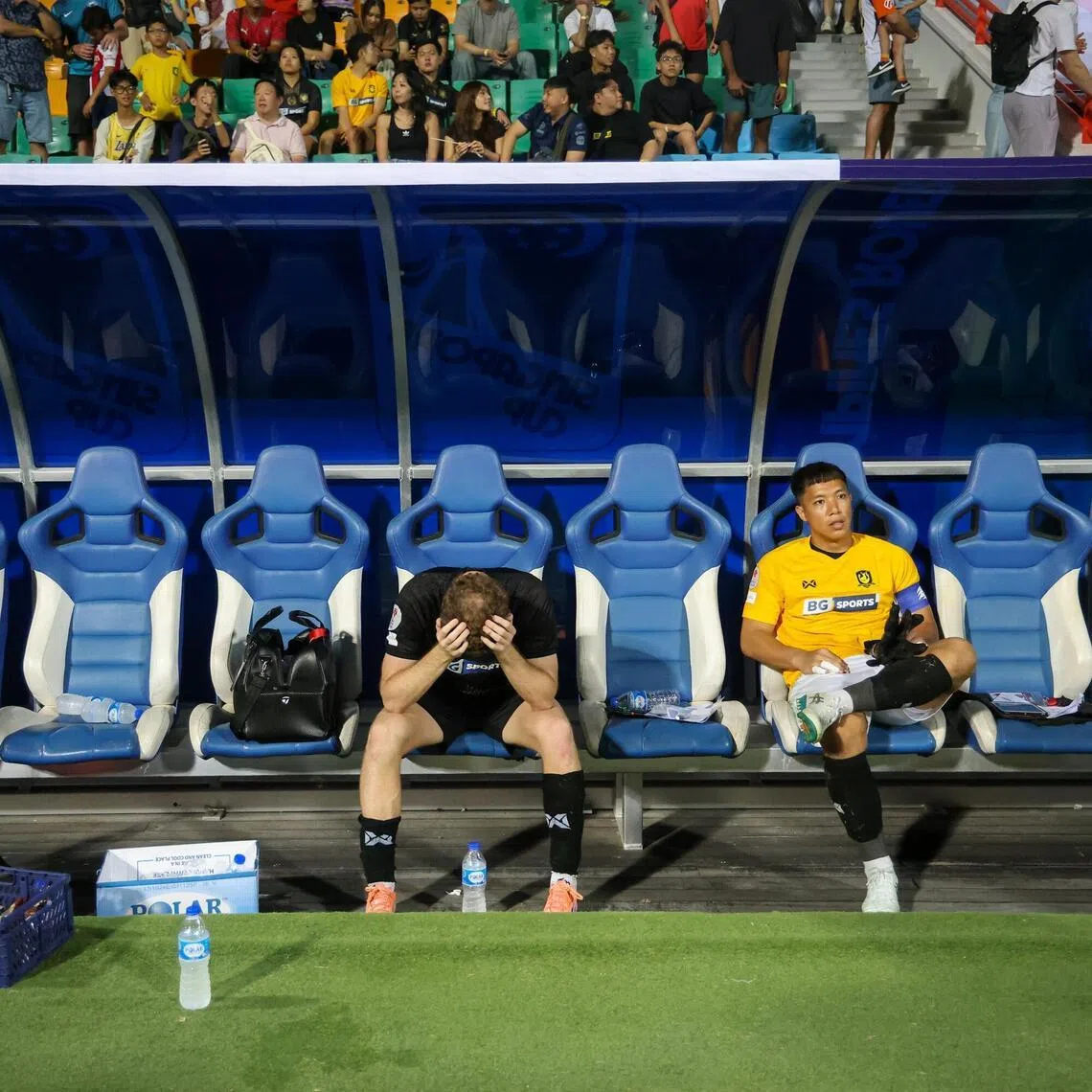 BG Tampines Rovers players Trent Buhagiar (left) and Syazwan Buhari dejected after losing to Lion City Sailors in the Singapore Cup final at Jalan Besar Stadium on Jan 10.