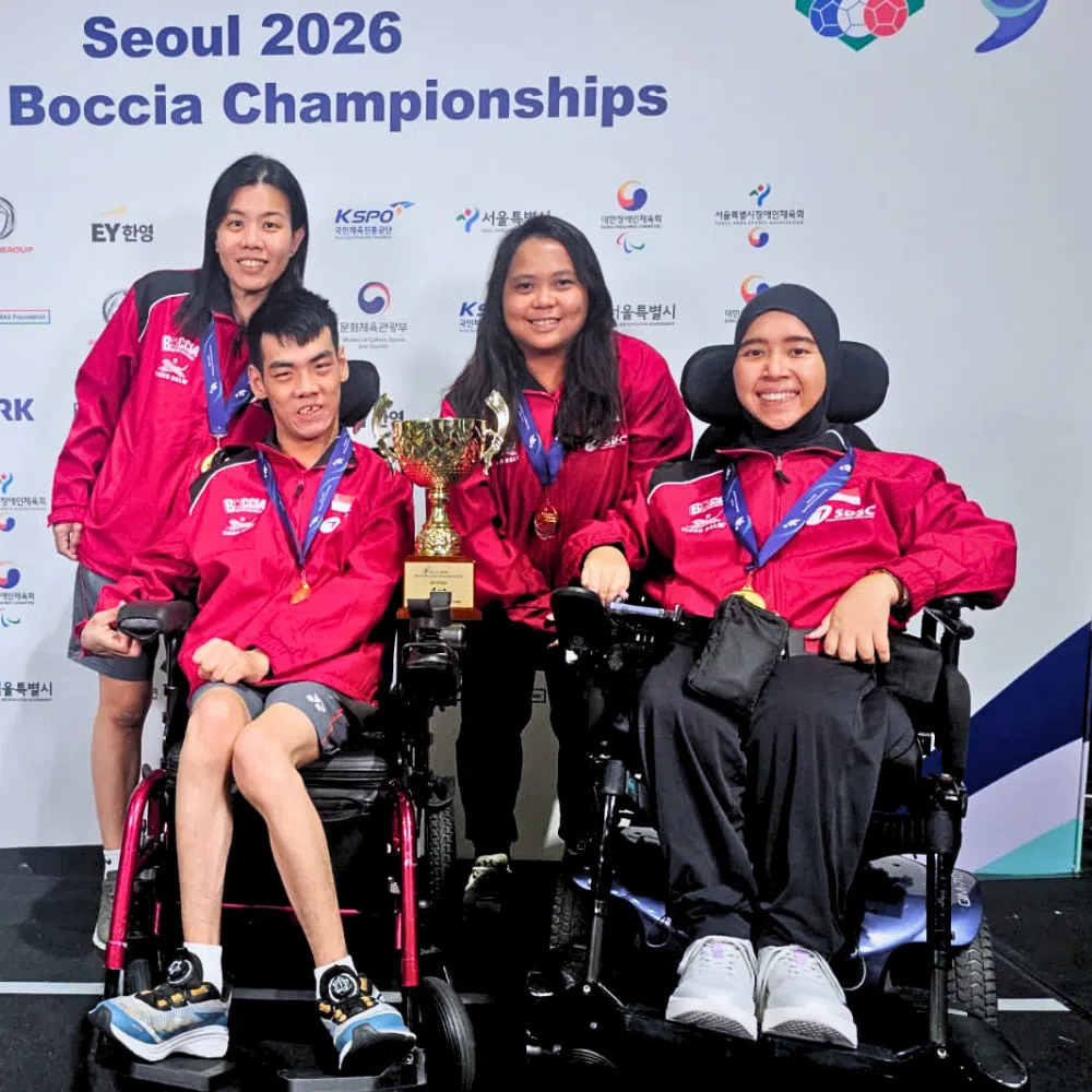 Aloysius Gan (second from left) and Nurulasyiqah Mohammad Taha (far right) made history by winning Singapore’s first gold at the Boccia World Championships.