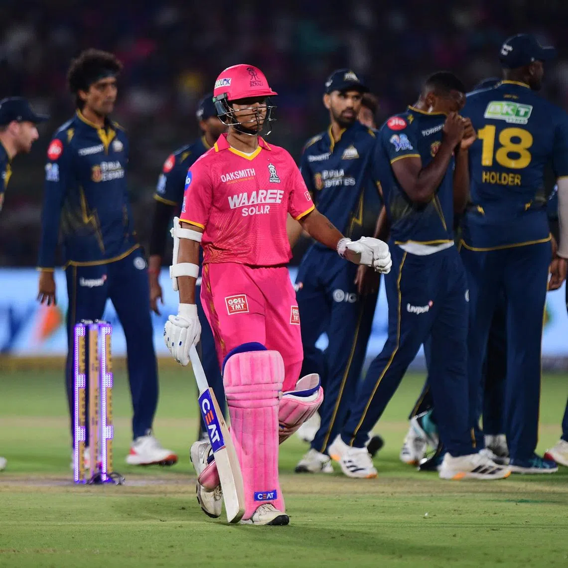 Cricket - Indian Premier League - IPL - Rajasthan Royals v Gujarat Titans - Sawai Mansingh Stadium, Jaipur, India - May 9, 2026 Rajasthan Royals' Yashasvi Jaiswal walks off after losing his wicket to the bowling of Gujarat Titans' Kagiso Rabada REUTERS/Abhijit Addya
